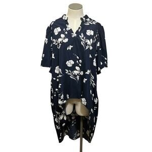 NWT Emery Rose Womens Resort Boho Blue White Floral High Low Tunic Top Sz 0XL